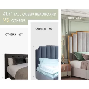 Queen size upholstered bed frame, 61" headboard, golden plating trim, modern platform no box spring needed - Image 4