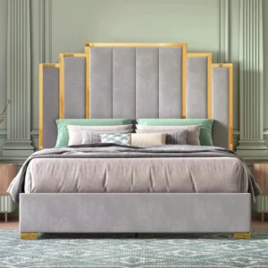 Queen size upholstered bed frame, 61" headboard, golden plating trim, modern platform no box spring needed - Image 6