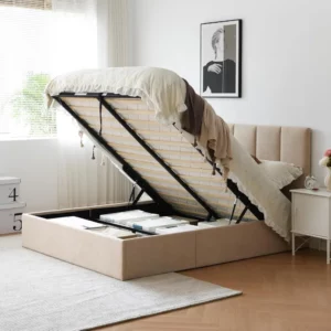 Queen size lift-up storage bed, linen upholstered frame, vertical headboard, wooden slat support - Image 2