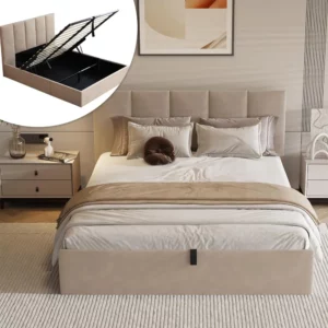 Queen size lift-up storage bed, linen upholstered frame, vertical headboard, wooden slat support - Image 3