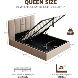 Queen size lift-up storage bed, linen upholstered frame, vertical headboard, wooden slat support - Image 4