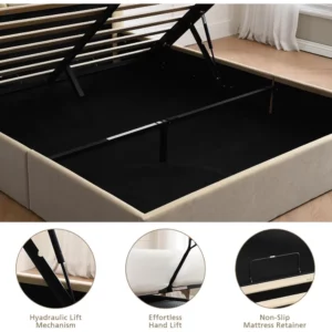 Queen size lift-up storage bed, linen upholstered frame, vertical headboard, wooden slat support - Image 5