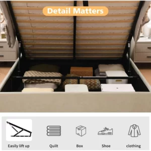 Queen size lift-up storage bed, linen upholstered frame, vertical headboard, wooden slat support - Image 6