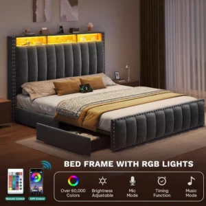 Bed Frame with 4 Storage Drawers and LED Lights, Velvet Upholstered Platform Bed - Image 2