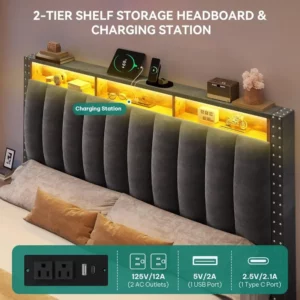 Bed Frame with 4 Storage Drawers and LED Lights, Velvet Upholstered Platform Bed - Image 3