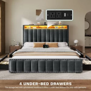 Bed Frame with 4 Storage Drawers and LED Lights, Velvet Upholstered Platform Bed - Image 4