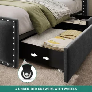 Bed Frame with 4 Storage Drawers and LED Lights, Velvet Upholstered Platform Bed - Image 5