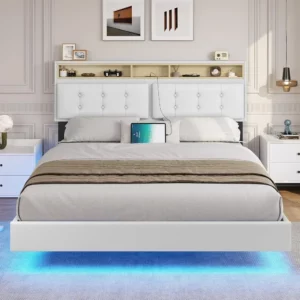 Queen Bed Frame with Led Lights & USB Ports，Storage and Tufted Buttons Headboard,No Box Spring Needed，Floating Bed Frame - Image 2