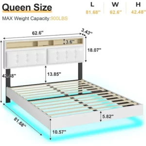Queen Bed Frame with Led Lights & USB Ports，Storage and Tufted Buttons Headboard,No Box Spring Needed，Floating Bed Frame - Image 3
