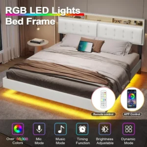 Queen Bed Frame with Led Lights & USB Ports，Storage and Tufted Buttons Headboard,No Box Spring Needed，Floating Bed Frame - Image 4