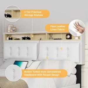 Queen Bed Frame with Led Lights & USB Ports，Storage and Tufted Buttons Headboard,No Box Spring Needed，Floating Bed Frame - Image 6