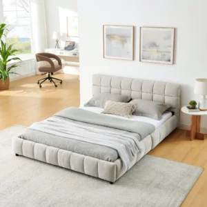 Modern Queen Size Tufted Headboard Platform Bed Frame with Wooden Storage Drawer Soft Chenille Upholstered Bedroom Bed - Image 2