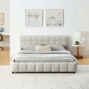 Modern Queen Size Tufted Headboard Platform Bed Frame with Wooden Storage Drawer Soft Chenille Upholstered Bedroom Bed - Image 3
