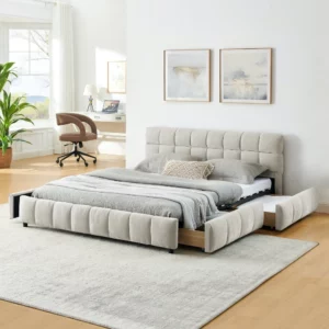 Modern Queen Size Tufted Headboard Platform Bed Frame with Wooden Storage Drawer Soft Chenille Upholstered Bedroom Bed - Image 5