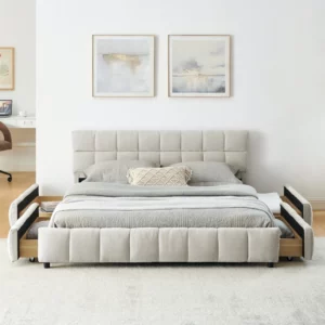 Modern Queen Size Tufted Headboard Platform Bed Frame with Wooden Storage Drawer Soft Chenille Upholstered Bedroom Bed - Image 6