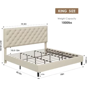 Modern Upholstered Platform Bed with Adjustable Headboard, Heavy Duty Button Tufted Bed Frame with Wood Slat Support - Image 2