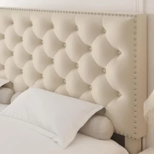 Modern Upholstered Platform Bed with Adjustable Headboard, Heavy Duty Button Tufted Bed Frame with Wood Slat Support - Image 3
