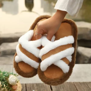 Women's Luxury Faux Fur Slippers Warm Plush Fluffy Slides Winter Indoor Home Cross Strap EVA Light Soft Warm Fashion Shoes 43 - Image 1