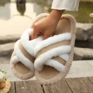 Women's Luxury Faux Fur Slippers Warm Plush Fluffy Slides Winter Indoor Home Cross Strap EVA Light Soft Warm Fashion Shoes 43 - Image 2