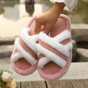 Women's Luxury Faux Fur Slippers Warm Plush Fluffy Slides Winter Indoor Home Cross Strap EVA Light Soft Warm Fashion Shoes 43 - Image 3