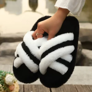 Women's Luxury Faux Fur Slippers Warm Plush Fluffy Slides Winter Indoor Home Cross Strap EVA Light Soft Warm Fashion Shoes 43 - Image 4