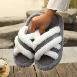 Women's Luxury Faux Fur Slippers Warm Plush Fluffy Slides Winter Indoor Home Cross Strap EVA Light Soft Warm Fashion Shoes 43 - Image 5