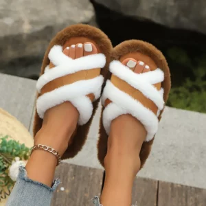Women's Luxury Faux Fur Slippers Warm Plush Fluffy Slides Winter Indoor Home Cross Strap EVA Light Soft Warm Fashion Shoes 43 - Image 6