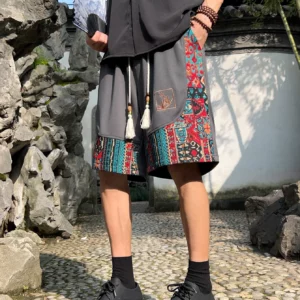 Men's ethnic embroidery pattern shorts with pockets, summer casual drawstring shorts, suitable for outdoor and beach casual wear - Image 4