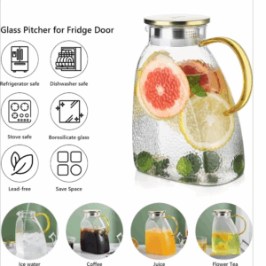 1.8L/60oz Glass Water Jug with Handle and Lid Refrigerator Water Jug for Cold and Hot Water Iced Tea Juice Coffee Milk Beverages - Image 5