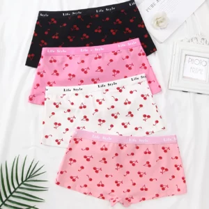 Random 4-Pack Mixed Color Fruit Pattern Cherry Print Ladies' Boxer Briefs Travel Home Casual Cotton Comfortable Underwear - Image 7