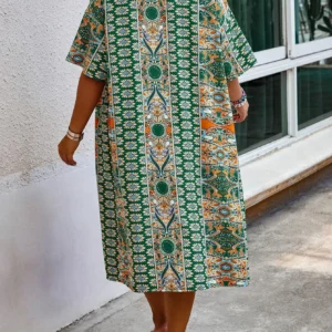 Women's Plus Size Printed Two-piece Set, featuring a bohemian print open front kimono with short sleeves and shorts ensemble. - Image 2