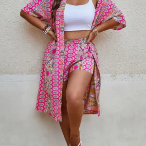 Women's Plus Size Printed Two-piece Set, featuring a bohemian print open front kimono with short sleeves and shorts ensemble. - Image 3