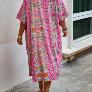 Women's Plus Size Printed Two-piece Set, featuring a bohemian print open front kimono with short sleeves and shorts ensemble. - Image 4