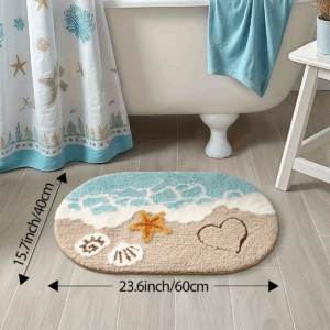 1pc Ocean-Themed Plush Faux Cashmere Bathroom Mat, Anti-Slip Absorbent Bath Mat with Beach Starfish & Heart Design - Image 3