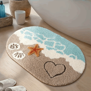 1pc Ocean-Themed Plush Faux Cashmere Bathroom Mat, Anti-Slip Absorbent Bath Mat with Beach Starfish & Heart Design - Image 5