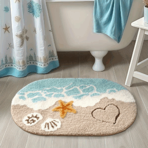 1pc Ocean-Themed Plush Faux Cashmere Bathroom Mat, Anti-Slip Absorbent Bath Mat with Beach Starfish & Heart Design - Image 7