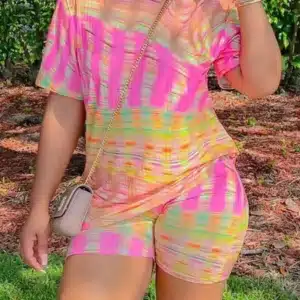 Two Piece Sets Women Outifits 2025 Spring Fashion Abstract Print Rainbow Ombre O-Neck Short Sleeve Top & Casual Daily Shorts Set - Image 4
