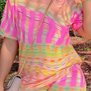 Two Piece Sets Women Outifits 2025 Spring Fashion Abstract Print Rainbow Ombre O-Neck Short Sleeve Top & Casual Daily Shorts Set - Image 5