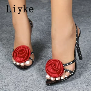 Liyke Sexy Slip On Back Strap Sandals Ladies Rose Flowers Narrow Band Open Toe Gladiator High Heels Summer Shoes Women Size 43 - Image 4