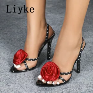 Liyke Sexy Slip On Back Strap Sandals Ladies Rose Flowers Narrow Band Open Toe Gladiator High Heels Summer Shoes Women Size 43 - Image 5