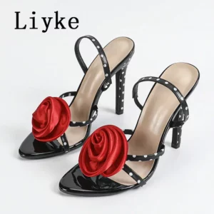 Liyke Sexy Slip On Back Strap Sandals Ladies Rose Flowers Narrow Band Open Toe Gladiator High Heels Summer Shoes Women Size 43 - Image 6