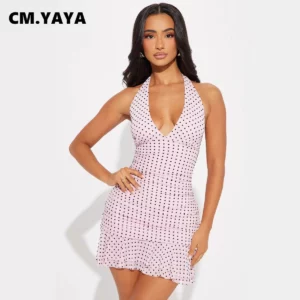 CM.YAYA Women Dot Printed Sleeveless Halter Ruffles Mini Dress 2025 Vacation Evening Sexy Beach Party Holiday Street Dresses - Image 3