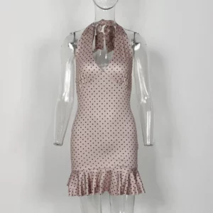CM.YAYA Women Dot Printed Sleeveless Halter Ruffles Mini Dress 2025 Vacation Evening Sexy Beach Party Holiday Street Dresses - Image 4