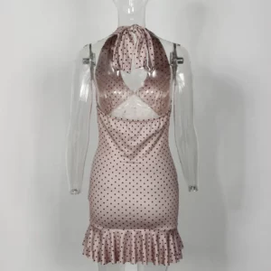 CM.YAYA Women Dot Printed Sleeveless Halter Ruffles Mini Dress 2025 Vacation Evening Sexy Beach Party Holiday Street Dresses - Image 5