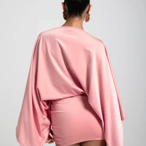 Weird Puss Sexy Classic Satin Dress Women Y2K Elegant Peach Hip v-Neck Bat Sleeves Birthday Party Clubwear Skinny Mini Bodycon - Image 4
