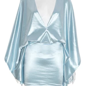 Weird Puss Sexy Classic Satin Dress Women Y2K Elegant Peach Hip v-Neck Bat Sleeves Birthday Party Clubwear Skinny Mini Bodycon - Image 5