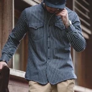 Maden Workwear American Retro Brushed Blue Vertical Stripe Shirt Business Casual Long Sleeve Non iron Shirt Men's Tops Autumn - Image 3