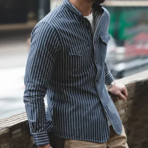 Maden Workwear American Retro Brushed Blue Vertical Stripe Shirt Business Casual Long Sleeve Non iron Shirt Men's Tops Autumn - Image 4