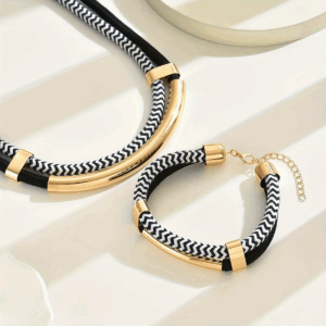 2PCS Set New Fashion Black and White Thick Double Line Metal Tube Exaggerated Hip-Hop Style Necklace Bracelet Set for Daily Wear - Image 4