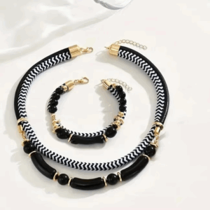 2PCS Set New Fashion Black and White Thick Double Line Metal Tube Exaggerated Hip-Hop Style Necklace Bracelet Set for Daily Wear - Image 5